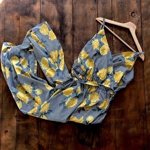Plus Size Yellow Rose and Stripe Print Jumpsuit.